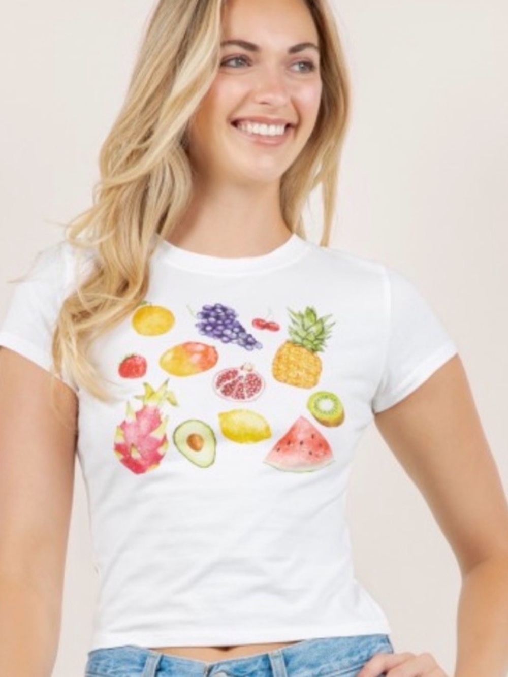 Women’s White Fruit Print Short Sleeve Tee NEW L
